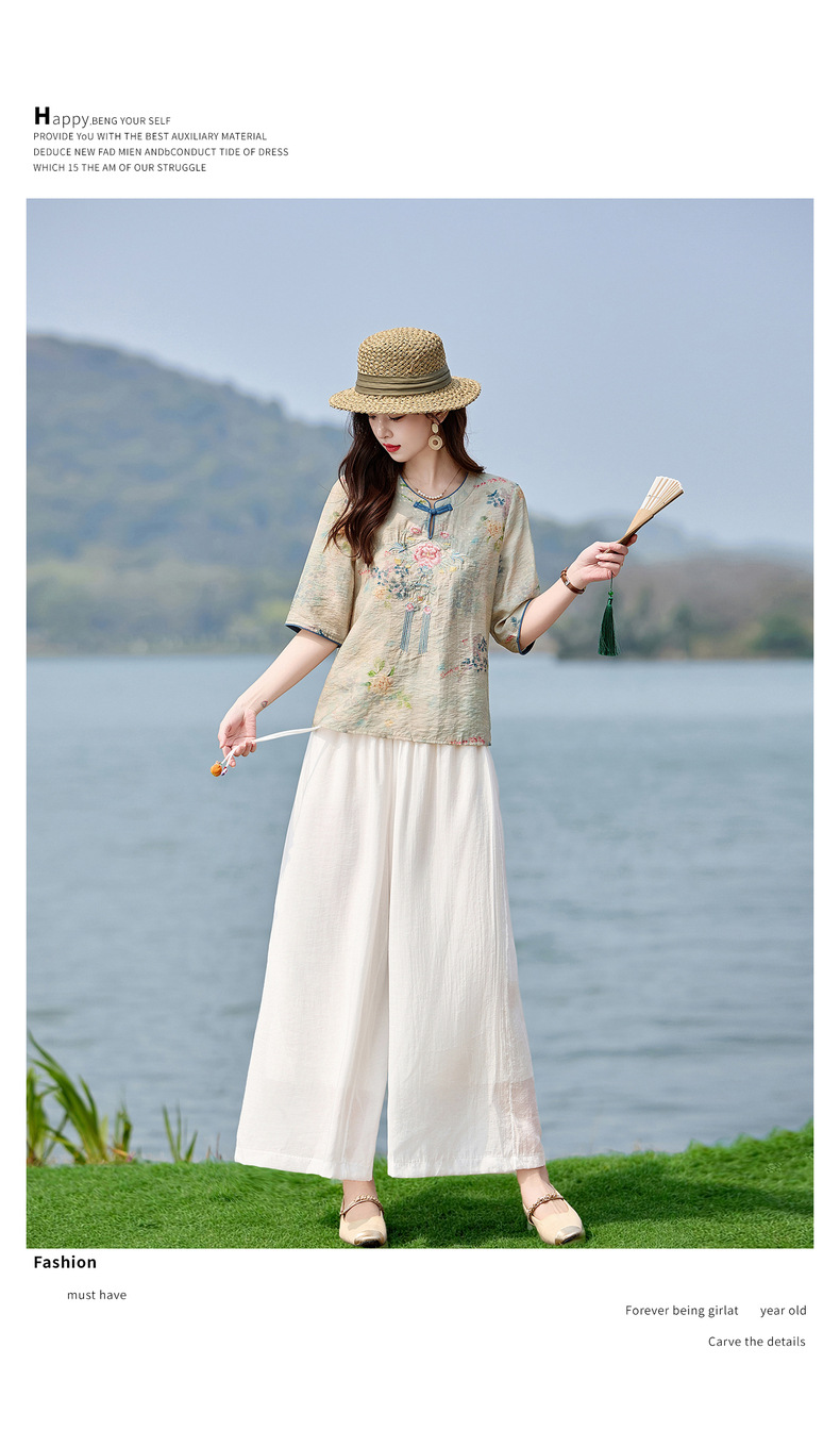 Bộ quần áo nữ hai mảnh sơ mi thêu họa tiết quốc phong kết hợp quần ống đứng MM6617 — xanh lam, Màu hồng chi tiết 24