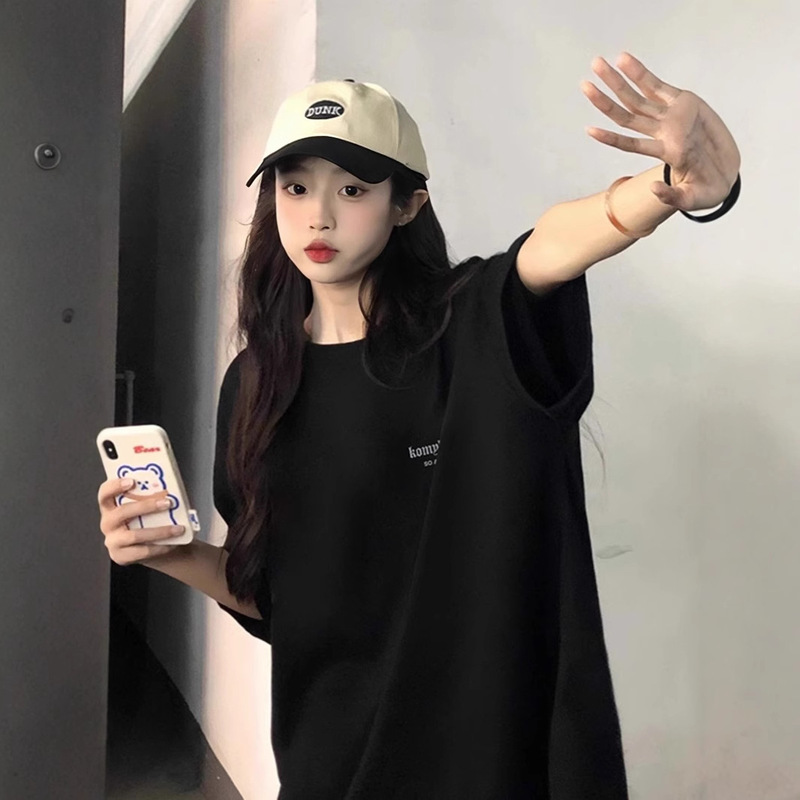 American-style Black Short-sleeved T-shirt Girls Big Children Summer Dress Junior High School Senior high school Students Casual Loose All-match T-shirt Top