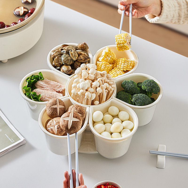 Hot Pot Tray Kitchen Prep Tray Hot Pot Platter Vegetable Tray with Compartments Rotatable Multifunctional Vegetable Washing Basin Draining Basket