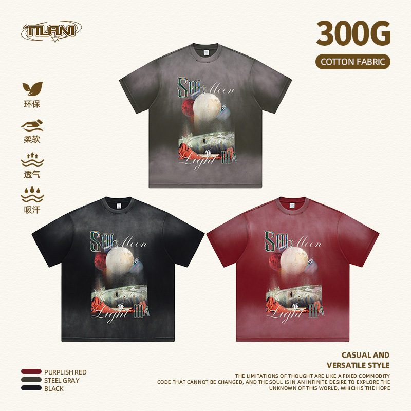 TILANI 남성 2025SS 남성 티셔츠 300G 착용 작은 높은 목 느슨한 세척 면 캐주얼 짧은 소매 티셔츠