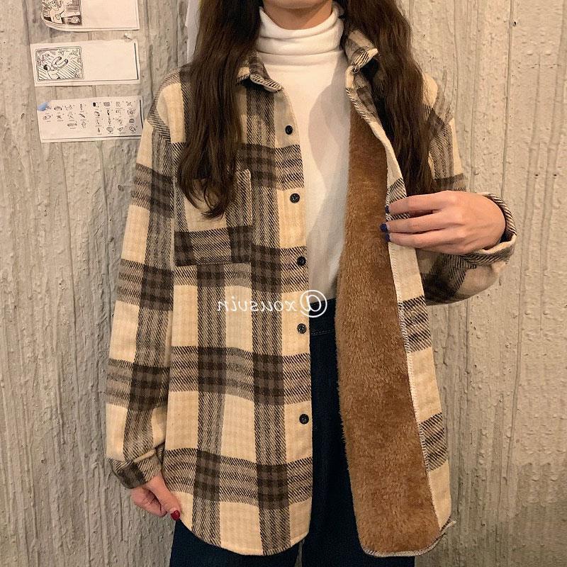 Autumn and Winter fleece-lined Thickened Plaid Shirt Women's Retro Hong Kong Style Chic Loose Woolen Jacket Casual Shirt Winter Top Autumn and Winter fleece-lined Thickened Plaid Shirt Women's Retro Hong Kong Style Chic Loose Woolen Jacket Casual Shirt Winter Top