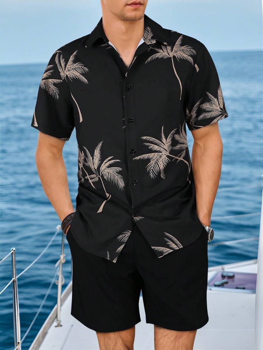 Men's Summer Beach Shorts Set With 3D Digital Print Black White Contrast Vacation Style Casual Short Sleeve_viptrois.com
