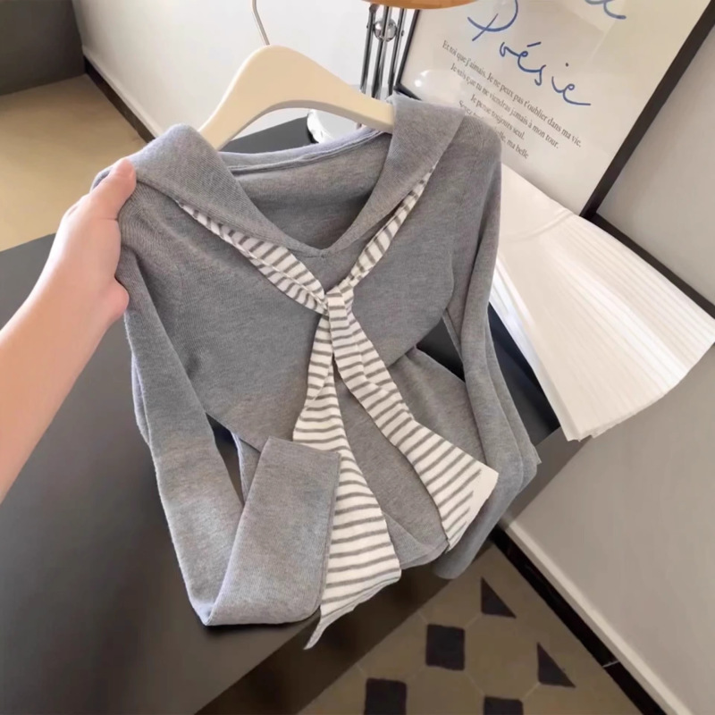 Navy Collar Striped Shawl Tie Long-Sleeved Shirt for Women Autumn and Winter New Korean Style Age-Reducing Niche Collar Right Shoulder Top for Women Navy Collar Striped Shawl Tie Long-Sleeved Shirt for Women Autumn and Winter New Korean Style Age-Reducing Niche Collar Right Shoulder Top for Women