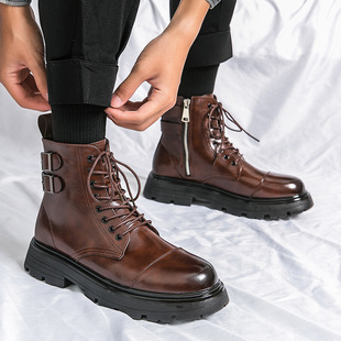 Cheap Export New Men's Shoes Winter Men's Boots Brown High-Top Boots Thick-Soled Mid-Top British Short Boots Leather Boots