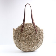 新款水草圓形草編包度假沙灘包單肩大容量編織包女時尚簡約藤編包