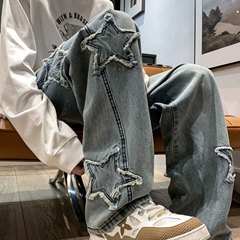 レトロジーンズメンズストレートレッグルーズワイドレッグユースアメリカンハイストリートパンツトレンディブランドハンサム五芒星デザイン