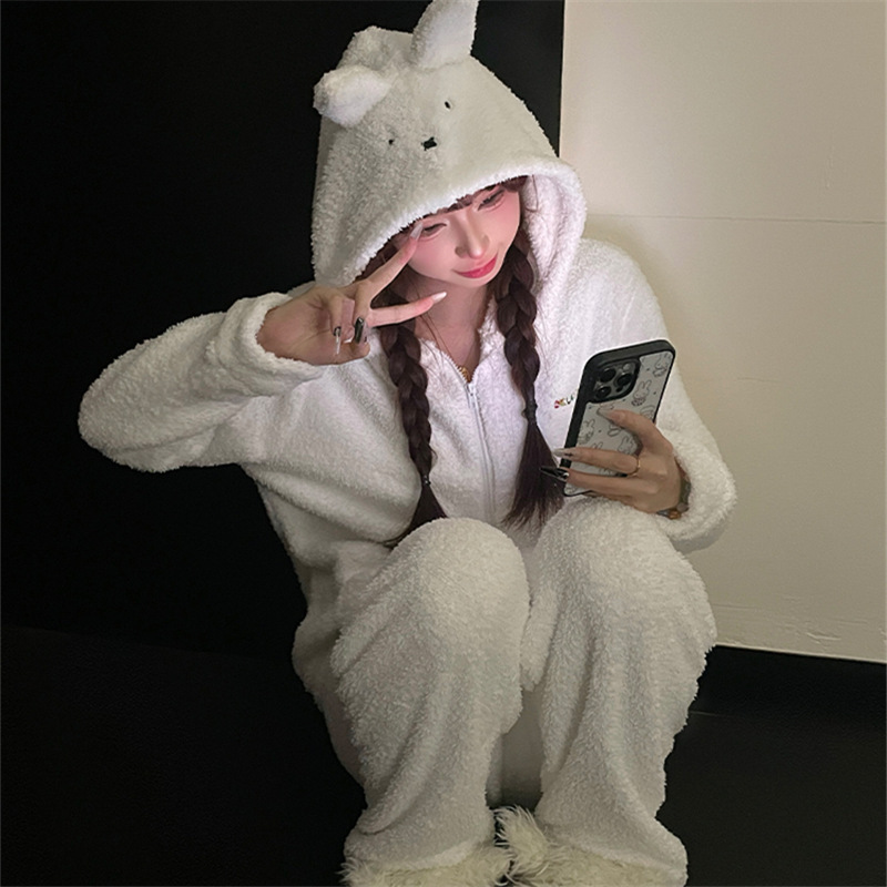 Soft and Cute Miffy Rabbit Knitted Half-Velvet Pajamas for Girls, Hooded Winter Plus-Size Loungewear Set
