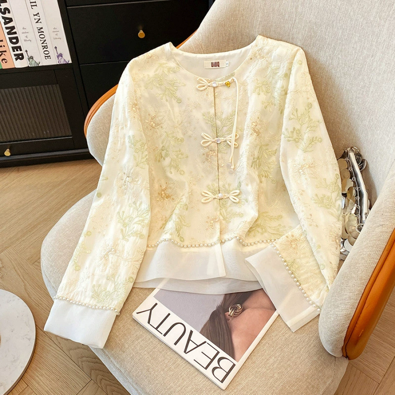 Настоящая фотография нового китайского стиля, ретро-вышитая пряжа ручной работы с пряжкой и кисточками, золотая сумка на удачу, солнцезащитный кардиган Jade Coral