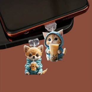 Cross-Border Popular Acrylic Mobile Phone Dust Plug Cute Milk Tea Dog and Cat Pendant Type-C Oval Interface