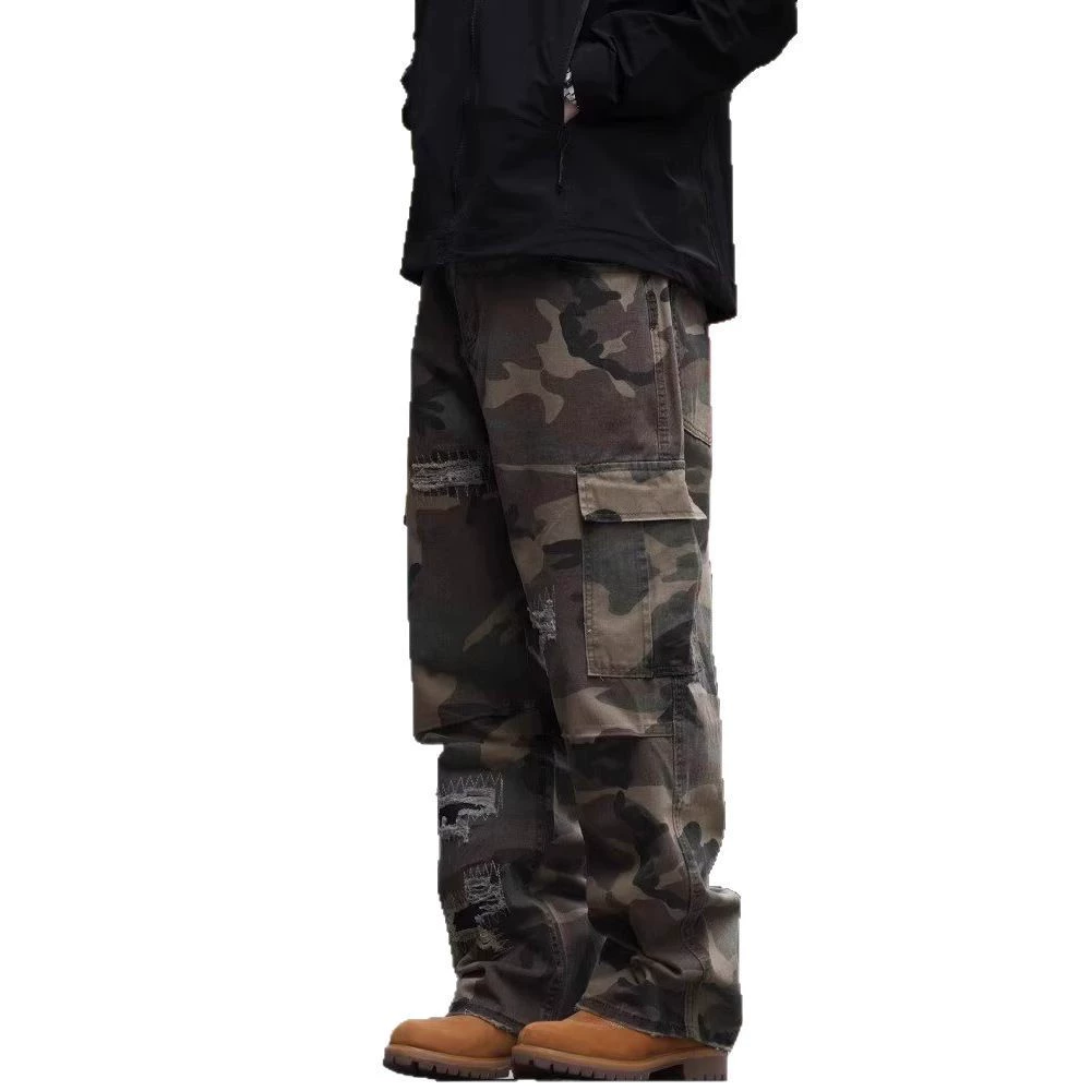 Камуфляжный дизайн джинсы, брюки, oversize, свободный прямой крой