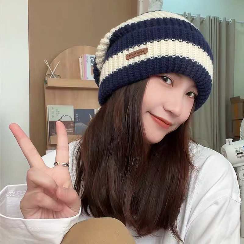 Japanese Retro Letter Small Label Striped Large Version For Women Autumn Winter Warm Versatile Knitted Slouchy Hat_voghion.com
