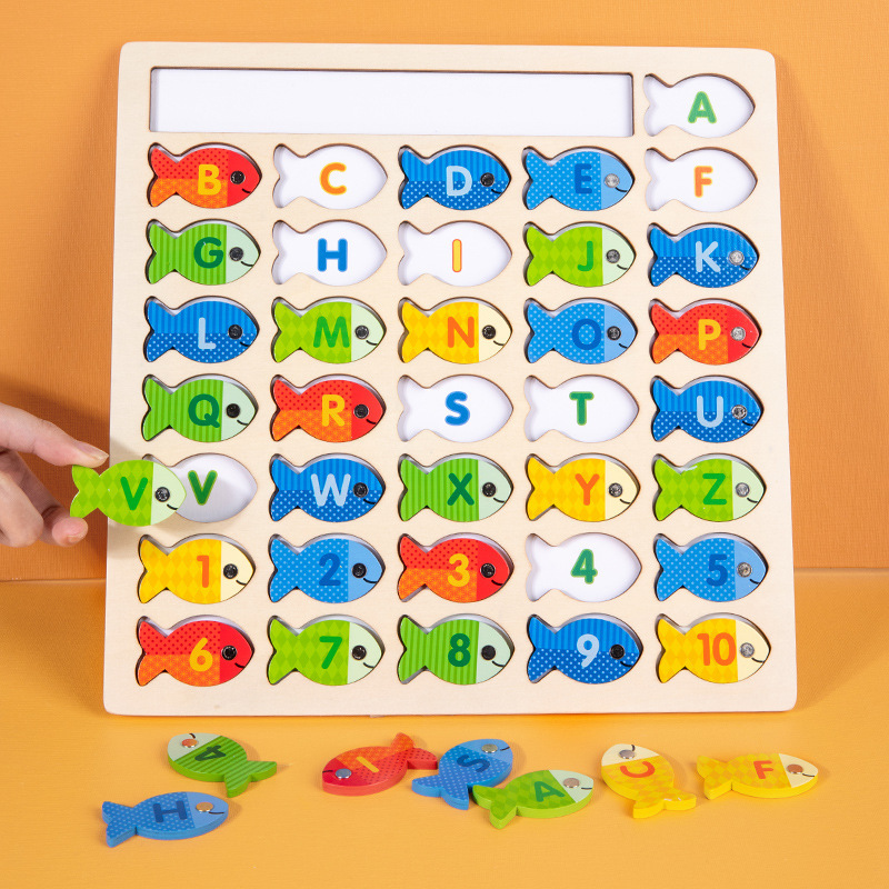 木製アルファベット数字釣りボード釣りゲーム子供形状ペア早教知育玩具木製|undefined