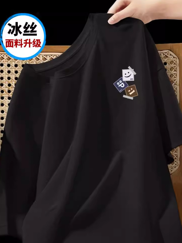 2024 Hong Kong viento de hielo negro verano camiseta de cuello redondo de hombre impresión casual camiseta retro pareja