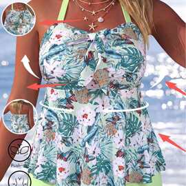 2026欧美新款度假分体泳衣女大码宽松印花平角裤跨境Tankini