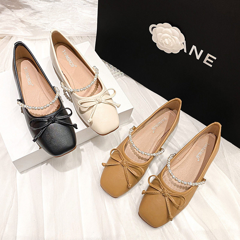 Giày Mary Jane nữ mũi vuông đính nơ, ngọc trai và đá pha lê, gót thấp dưới 3 cm — Màu mơ