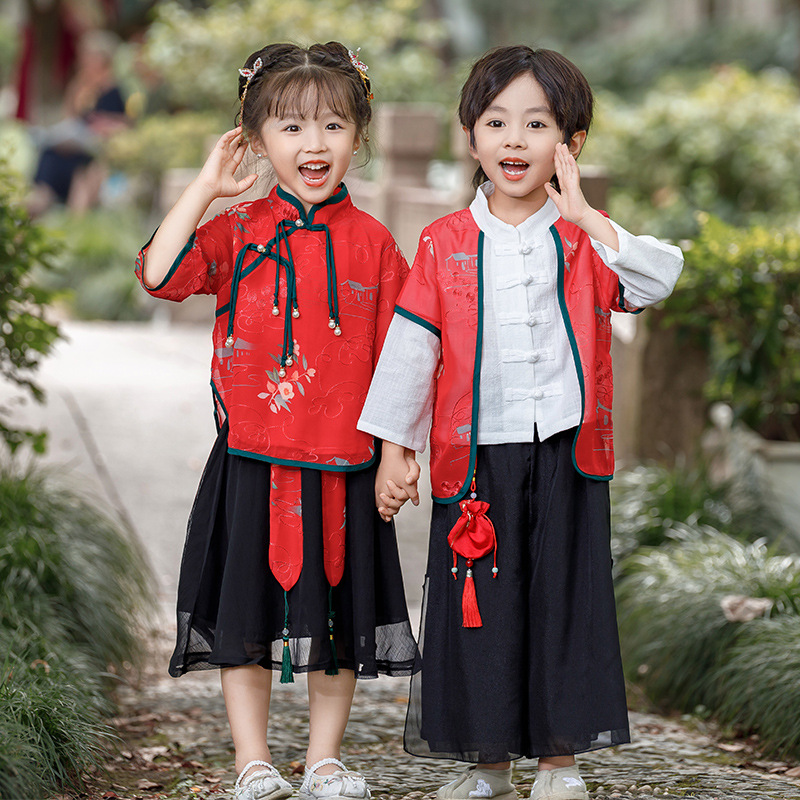 男童漢服姐弟裝秋季長袖中國風唐裝演出服裝女童漢服裙套裝親子裝