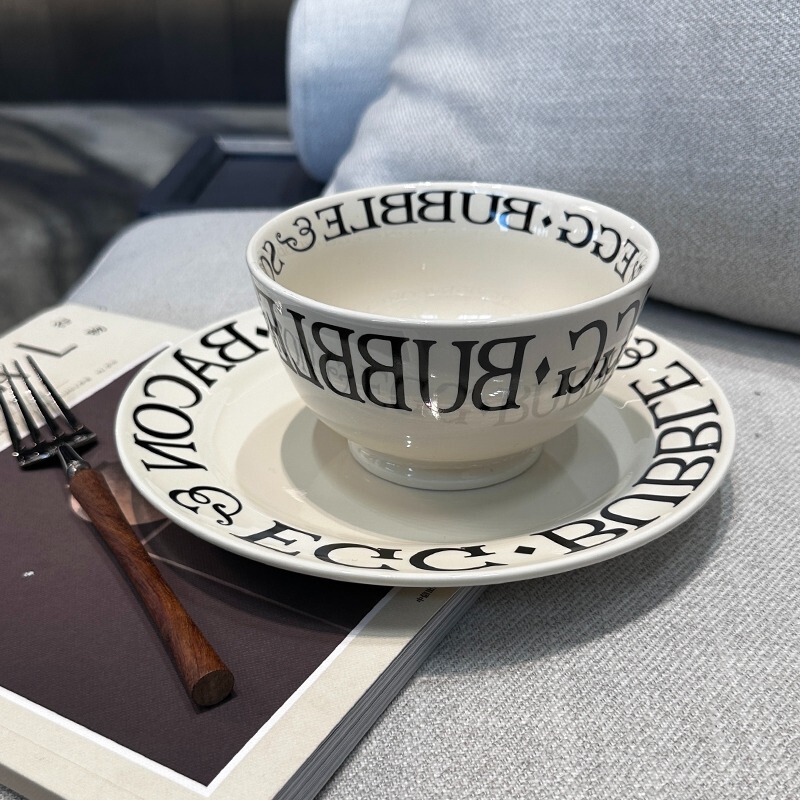 French-Style English Tableware Letter Impression Bowl and Plate Set Rice Bowl Ins-Style Salad Bowl