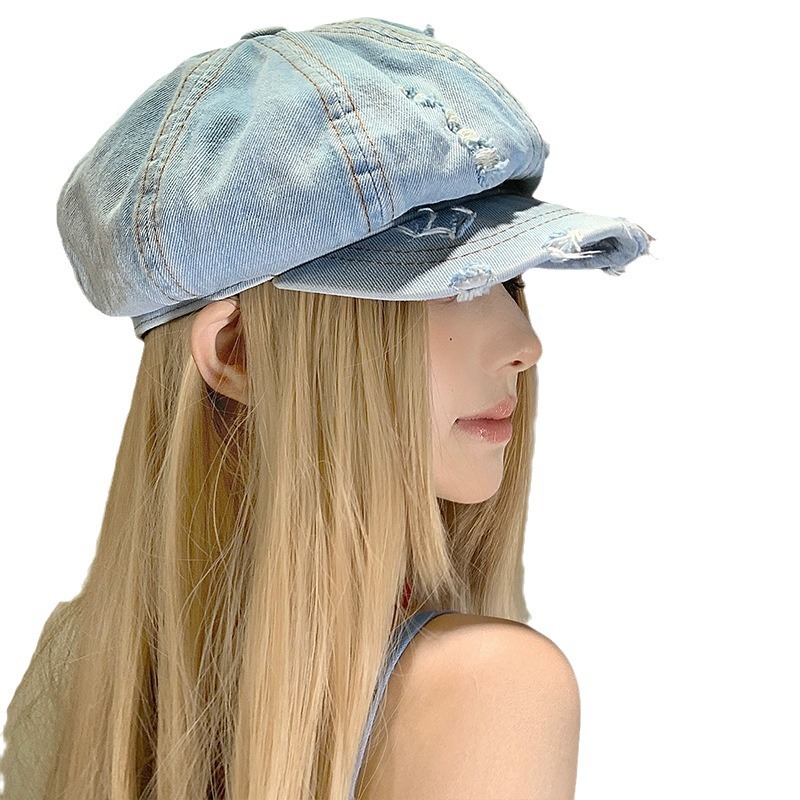Denim coreano lavado hace vieja boina agujero mujer verano delgada cabeza grande sombrero de nubes pequeño sombrero de cara pequeña