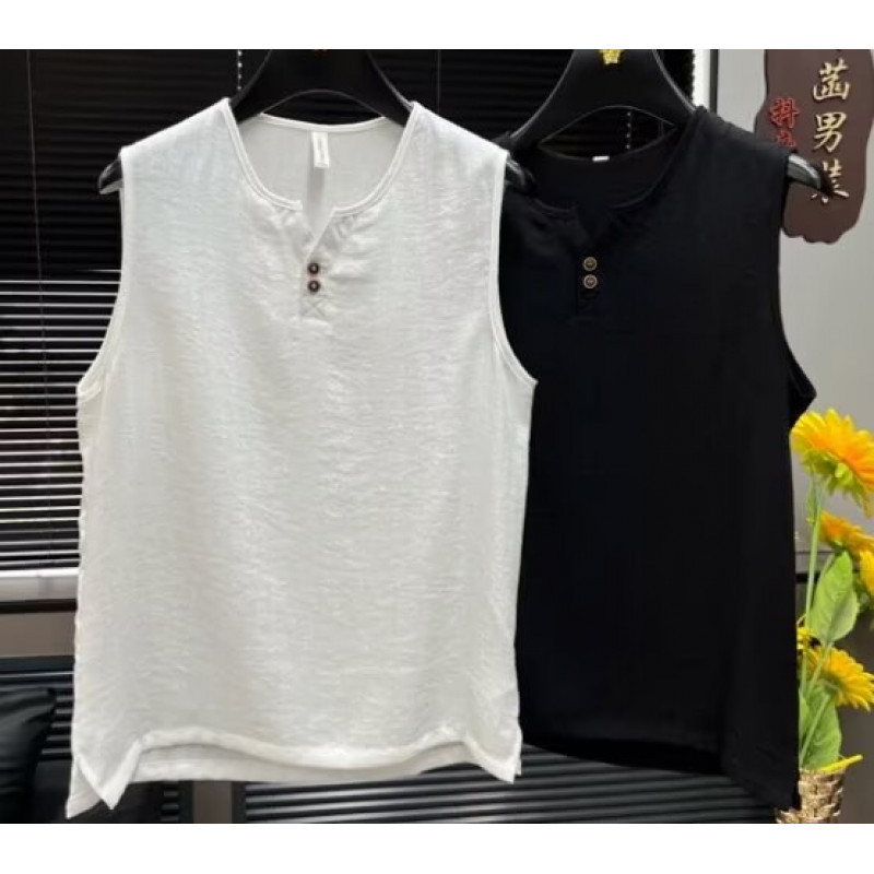Summer T-Shirt Vest Men's Sleeveless V Neck Cotton and Linen Sweat-Absorbent Sports T-Shirt Trendy Fashion Pure Color Short-Sleeved 2026 New Style