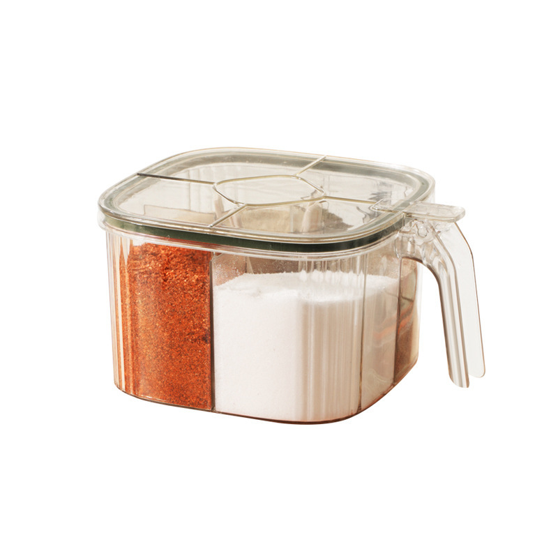 Nuevo 5 en 1 caja de condimentos con cubierta de flip cocina con cuchara sellado a prueba de humedad cuatro cuadrículas en una caja de condimentos