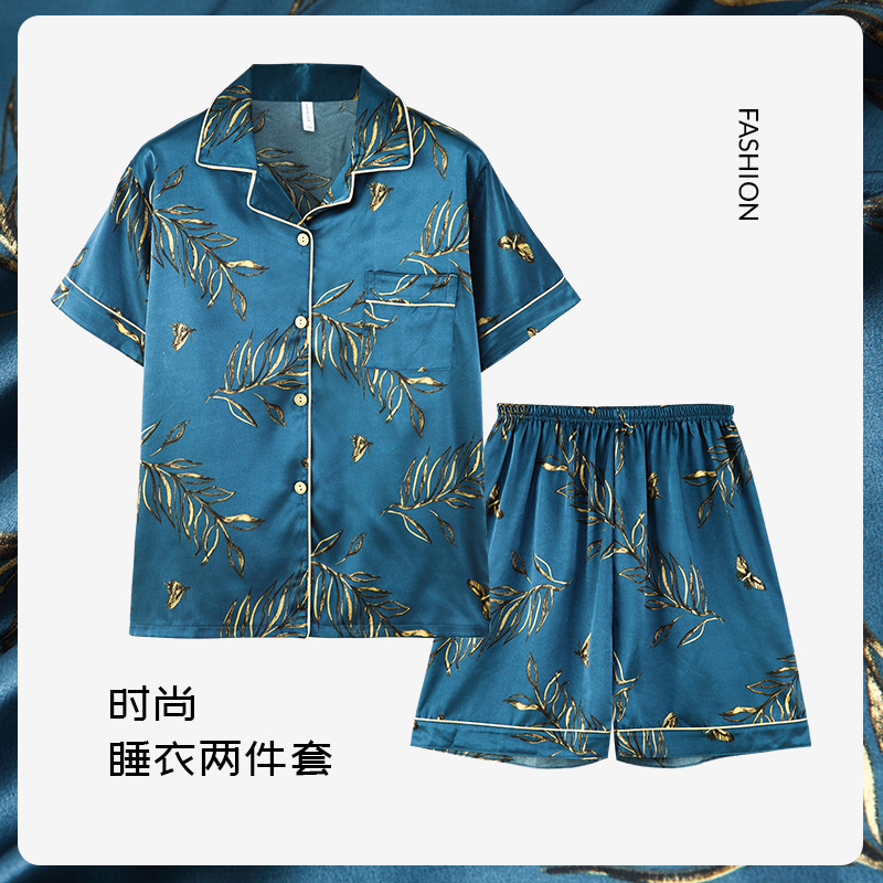 2024 nuevos pijamas de los hombres de verano de seda de hielo manga corta de alto grado de seda real se puede usar fuera de traje de tres piezas