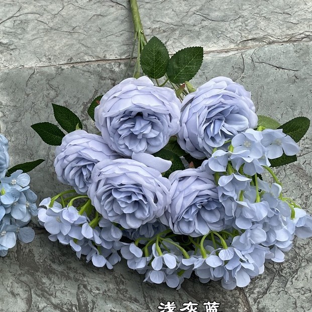 新商品の外国貿易の青いアジサイの青い色はバラの牡丹のアジサイの結婚祝いの柔らかい装飾の偽の花を卸売りします。|undefined