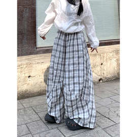 糖糖~小众设计感格纹微皱休闲宽松阔腿裤图片色宽松款不规则常规