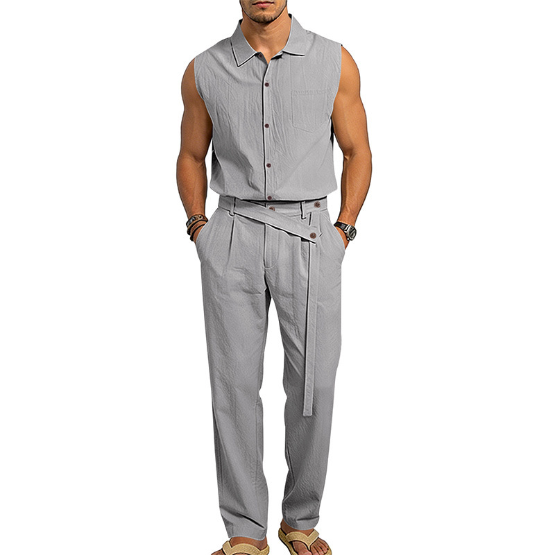Men's Linen Blend Short Sleeve Shirt And Pants Set Breathable Casual Summer Outfit Comfortable Relaxed Fit_viptrois.com