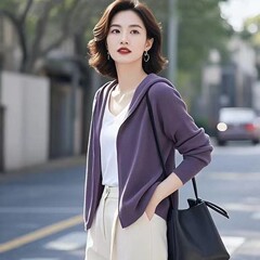 薄款空气棉带帽子百搭卫衣短款洋气上衣春秋休闲外套2025新款紫色
