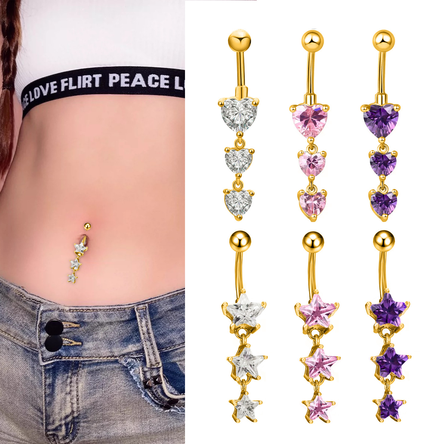 Heart-shaped Zirconia Belly Button Ring In Copper Piercing Jewellery_voghion.com
