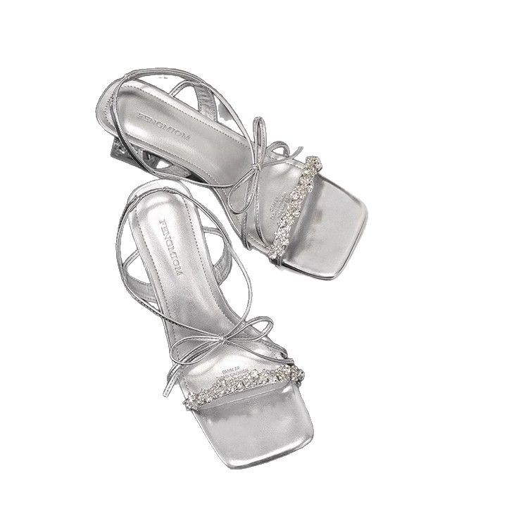 La marea no es sur ~ Hermosas sandalias de diamantes de imitación de tacón grueso con lazo estilo hada para mujer, sandalias de plata con cruz de verano