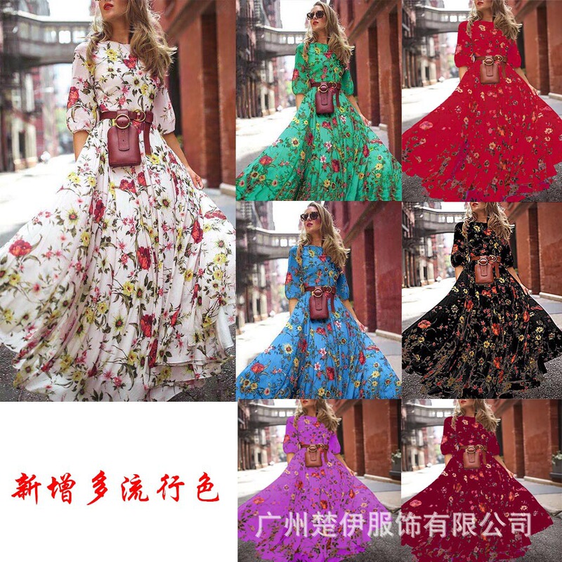 Cross-Border New European and American Women's Clothing with Prints on Amazon, Bohemian Vacation Style Printed Flared Dress Gown Cross-Border New European and American Women's Clothing with Prints on Amazon, Bohemian Vacation Style Printed Flared Dress Gown