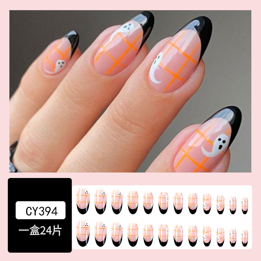 Negro estilo francés almendra cabeza redonda Plaid fantasma manicura atmósfera universal desgaste pieza de uñas parche de uñas falsas