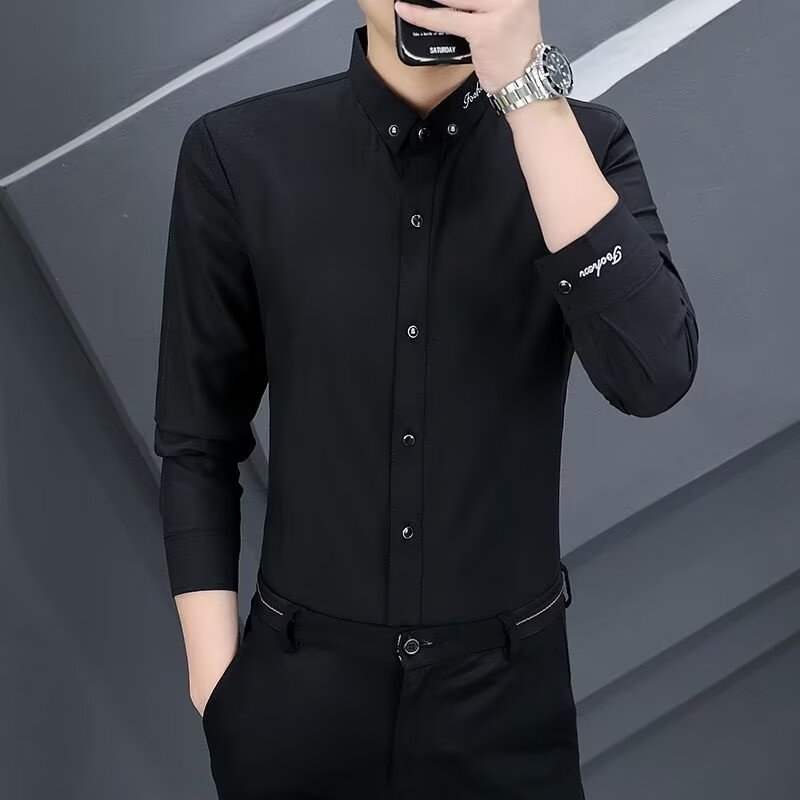 春秋の純色のシャツの男性の長袖は韓国版の男性のシャツを修理します。|undefined