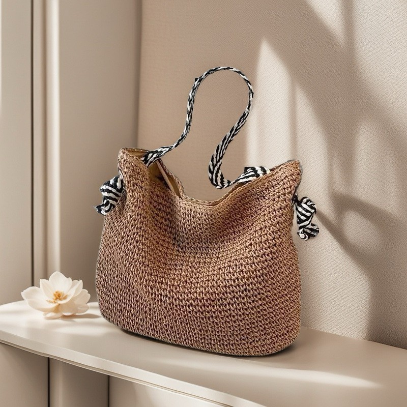 Summer Hanfeng Navy Straw Bag Handmade Woven Bag Beach Shoulder Bag Commuter Tote Bag Underarm Bucket Bag