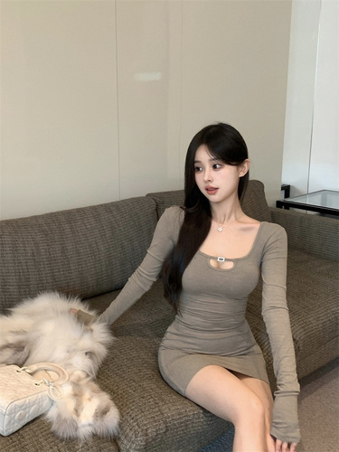 Women's American Sexy Mature Style Square Collar Long Sleeve Solid Color Base Layer Dress Autumn Quality Bustier Mini Skirt