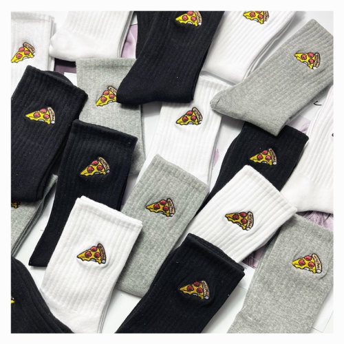 ins Japanese version of trendy brand cartoon pizza burger embroidered socks retro outer wear for men and women sports mid-tube pure cotton socks