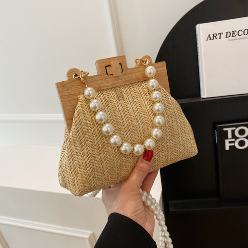 Summer Popular Casual Matchable Pearl Tote Bag for Women  Korean Style Grass Weave Small Square Bag
