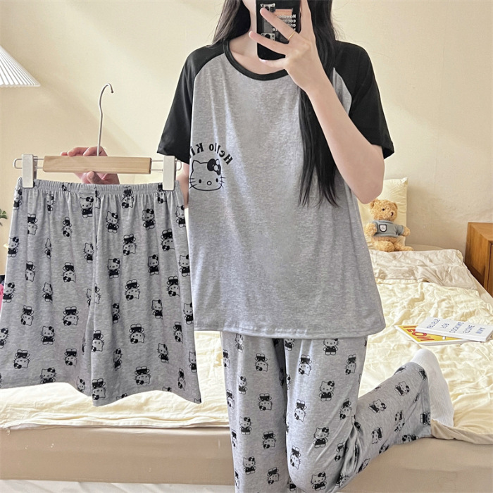 2024 verano vestido de pijama de mujer casual cómodo lindos pantalones cortos de manga corta largo conjunto de tres piezas impresión de dibujos animados ropa para el hogar