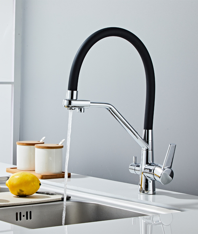 The three-in-one kitchen faucet for cross-border trade is made of all-copper and features a rotatable and pull-out sink with a single hole for direct drinking of cold and hot purified water Application Scenario