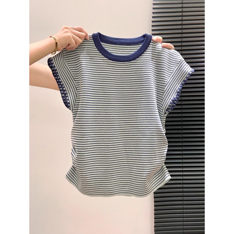 High-End Flying Sleeve T-Shirt for Women with Contrasting Stripesd Knitted Short-Sleeved Summer Casual Slimming Look Bottoming Top for Small People High-End Flying Sleeve T-Shirt for Women with Contrasting Stripesd Knitted Short-Sleeved Summer Casual Slimming Look Bottoming Top for Small People