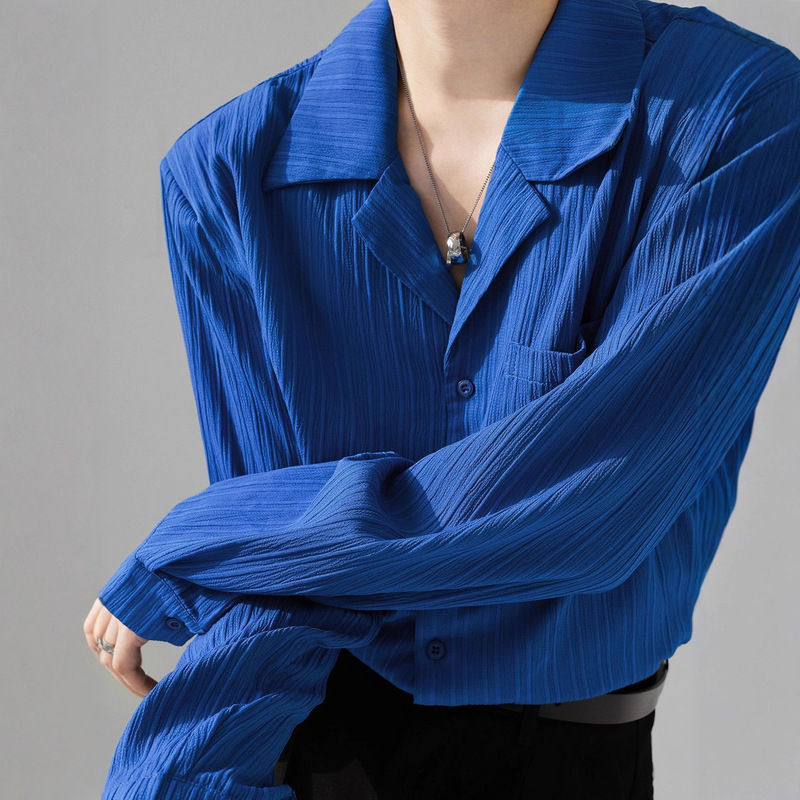 Minimalist Klein Blue Shirt for Men and Women with Drape, Cuban Collar, Loose Fit, Versatile Textured Long Sleeves with Ribbed Design