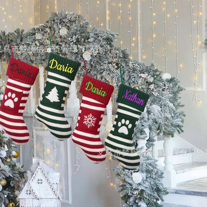 Etsy Personalized Embroidered Knitted Red and Green Paw Print Snowflake Tree Christmas Socks Christmas Pendant Christmas Socks