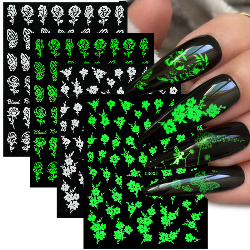 New Nail Art Stickers Ins Small Flower Butterfly Glow-In-The-Dark Stickers Halloween Quirky Party DIY Glow-In-The-Dark Nail Stickers
