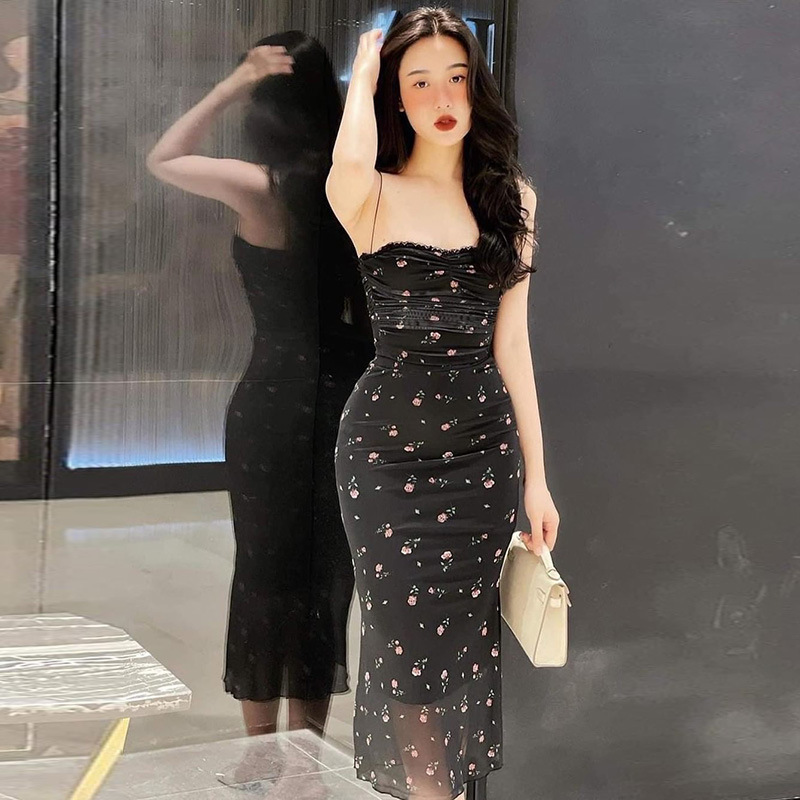 YJ23300 European And American Pure Desire Sexy Korean Style Mesh Print Backless Tight Strap Bodycon Long Dress For Women_ecoleips.com