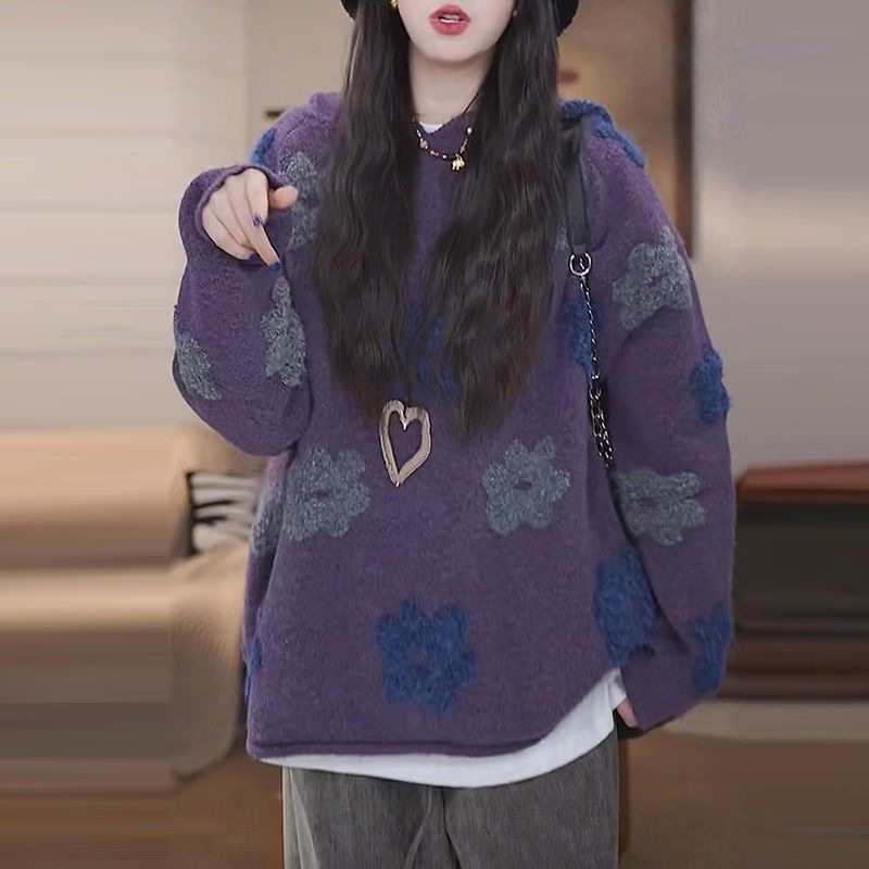 毛绒感花朵设计时尚紫色毛衣女秋季新款小“通勤”“设计感”