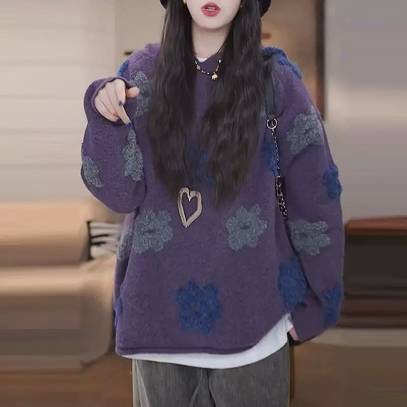 毛绒感花朵设计时尚紫色毛衣女秋季新款小“通勤”“设计感”