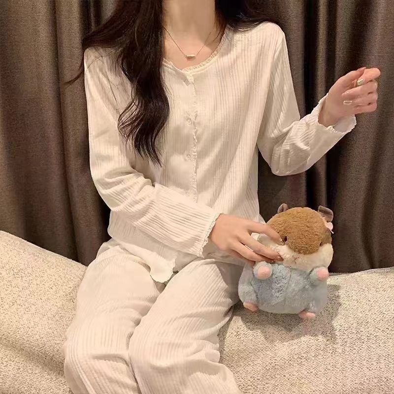Pijamas de color sólido simples transfronterizos mujeres primavera y otoño coreano dulce rebeca casual pantalones de manga larga se pueden usar en el exterior