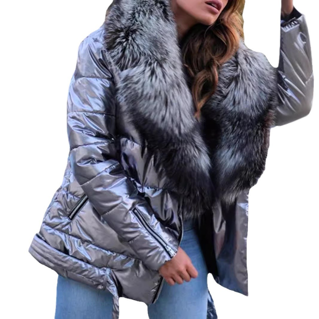 Women's Clothing women's down jacket glossy large fur collar short cotton jacket for women_voghion.com