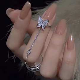 韩式朋克银色水晶蝴蝶戒指女装女孩时尚几何宽链指环派对珠宝礼物